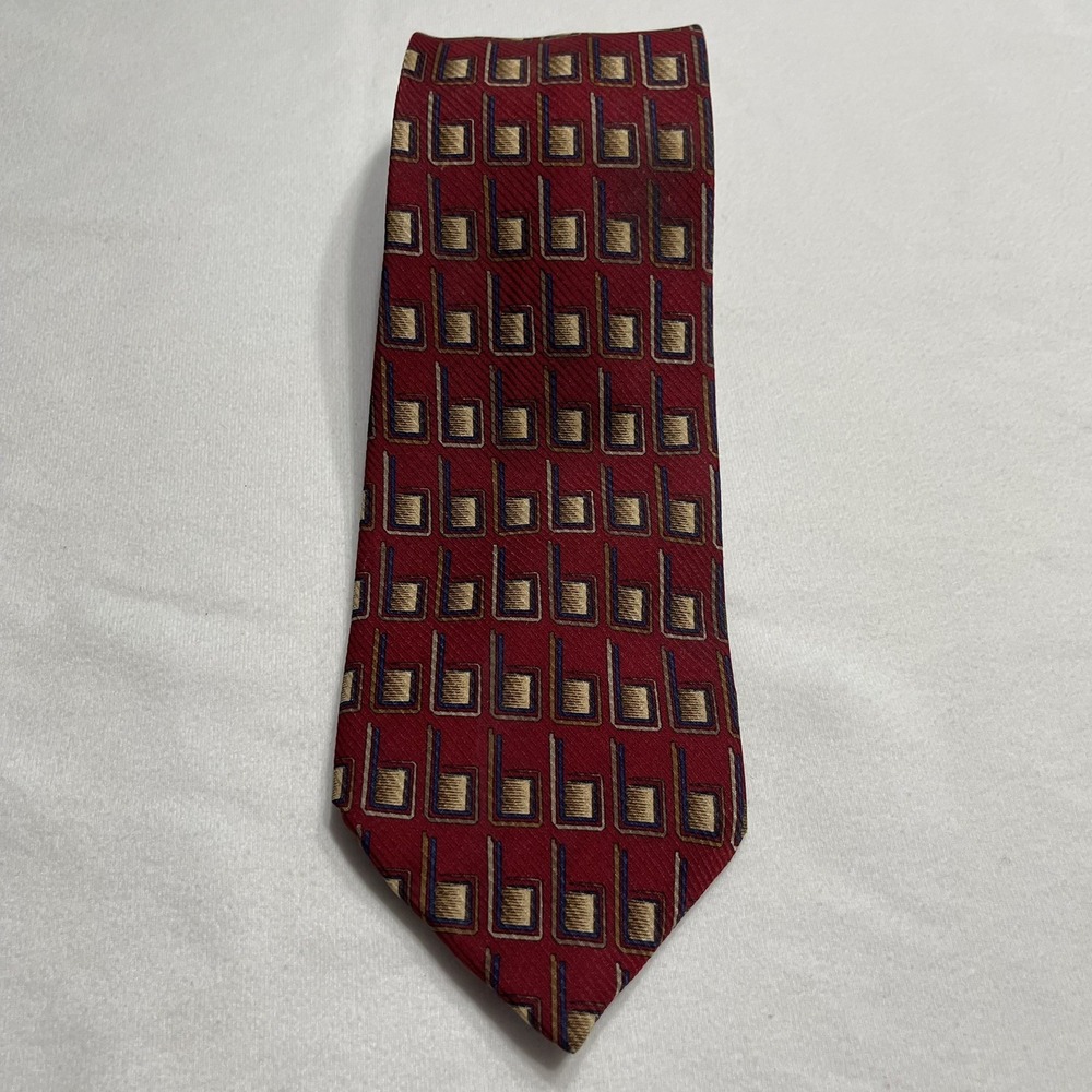 J Z Richards Silk Tie Burgundy Red Blue Gold Geometric Men Necktie USA 61 x 3.5